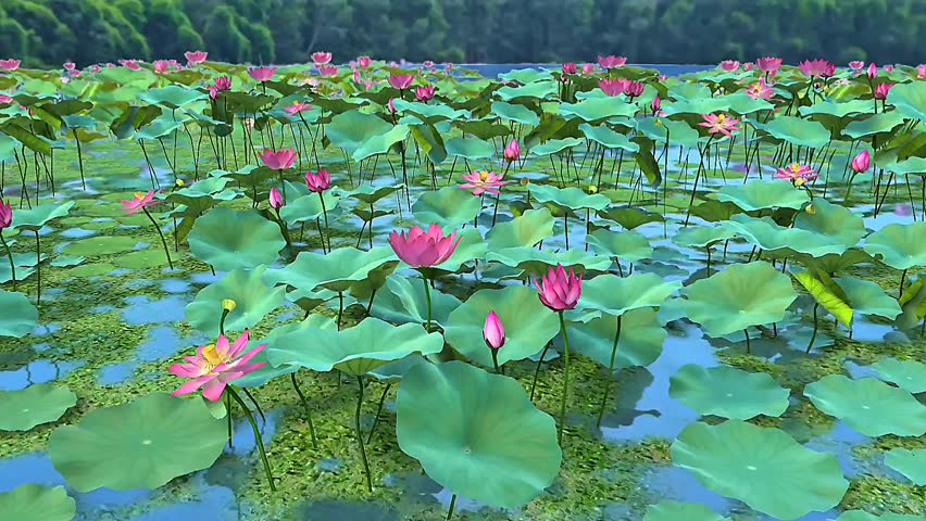 3D animation illustrating Indian lotus with blooming petals, broad leaves, and detailed flower structure.