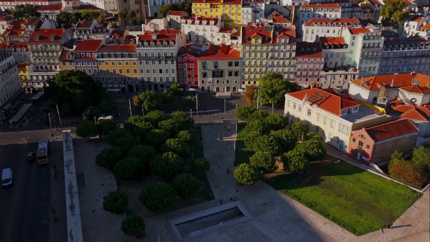 Lisbon Drone Pull Away Shot Revealing Alfama Facades and Se Cathedral