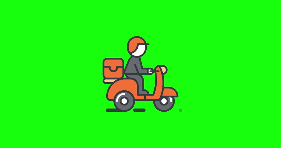 Courier on scooter animation with delivery bag on green screen background, flat outline loop for food delivery apps, courier service promos, logistics dashboards, and last mile delivery presentations