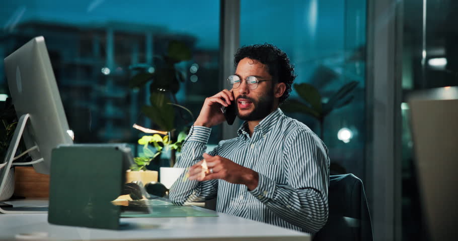 Phone call, night and talking with business man for stock broker, virtual consultant and chat. Financial analyst, account manager and communication with person in office for as investment banker