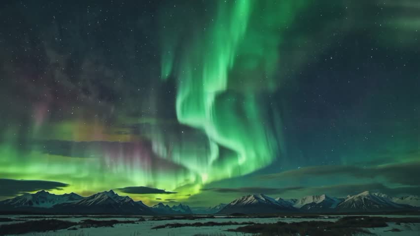 A stunning nighttime view of the Aurora Borealis, or northern lights. The sky is filled with a curtain of light transformed into dazzling shades of neon green and purple, floating above the snow-cappe
