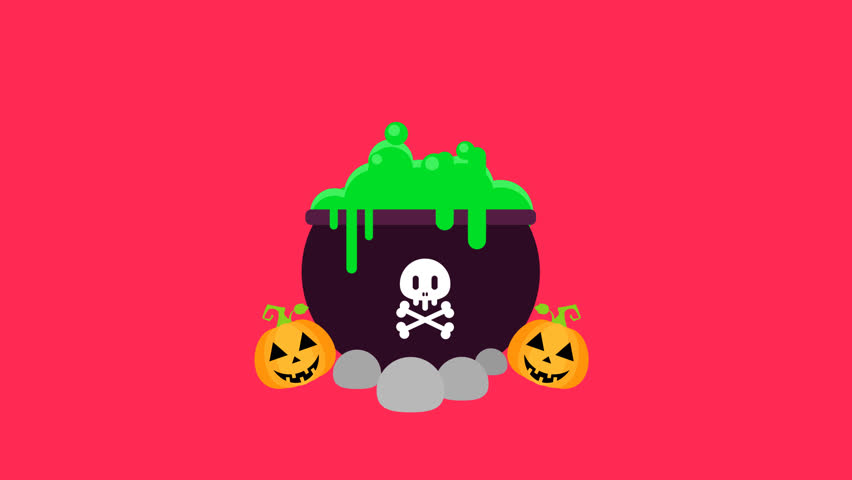 Witch's cauldron animation with bubbling green potion and a skull and crossbones poison symbol. Spooky pumpkins complete this Halloween magic scene.