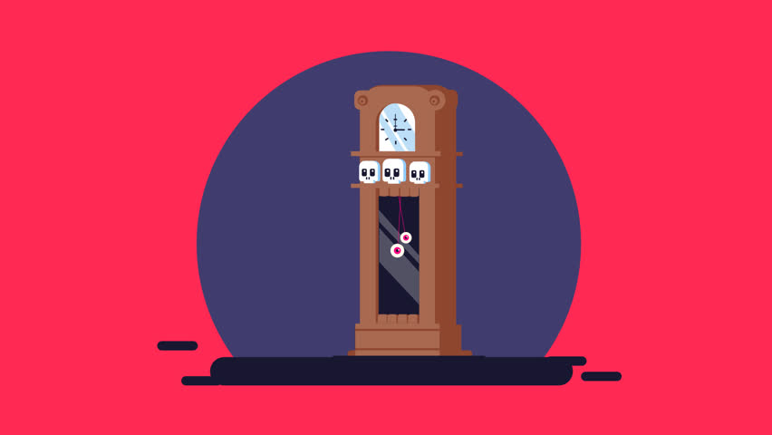 Halloween clock with moving eyeball hands. Spooky pumpkin and ghost elements. Creepy, surreal animation for holiday timers or horror countdowns.