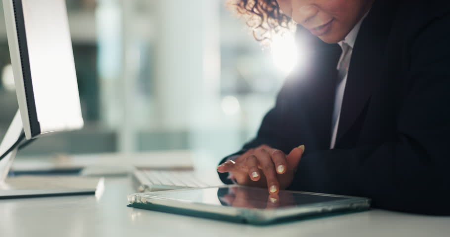 Hands, tablet and scroll for review at office with research, notes and online consulting at legal agency. Person, attorney and tech with application, feedback and notification at corporate law firm