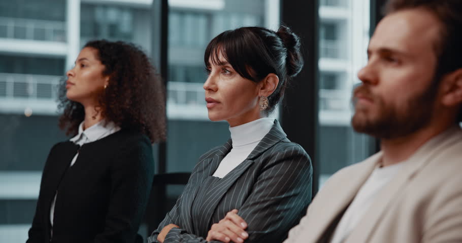 Business woman, audience and listen at conference, smile or agreement with colleague at insurance agency. Person, actuary and risk investment staff at seminar, meeting and pay attention at company