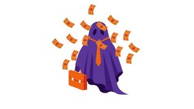 3D animation of a cute cartoon ghost holding a briefcase and surrounded by flying money. Playful Halloween office concept, perfect for seasonal ads, creative projects, and social media content. - Powered by Shutterstock - Get 15% off with code: PIKWIZARD15