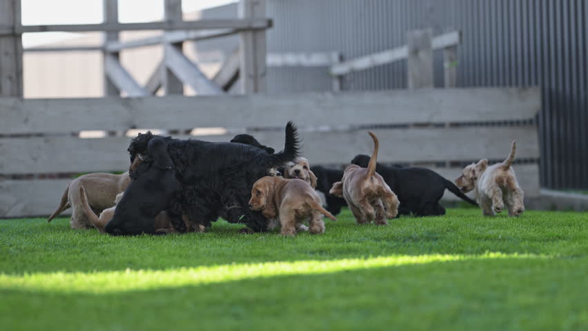 Joyful litter of spaniels jumping around.