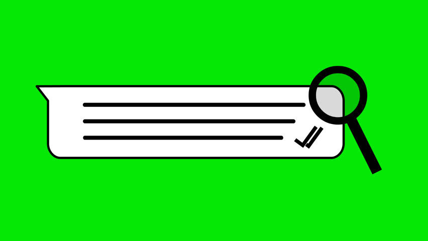 video animation drawing blac and white concept icon chat speech bubble and a magnifying glass in concept of searching chat message digital, on a green chroma key background