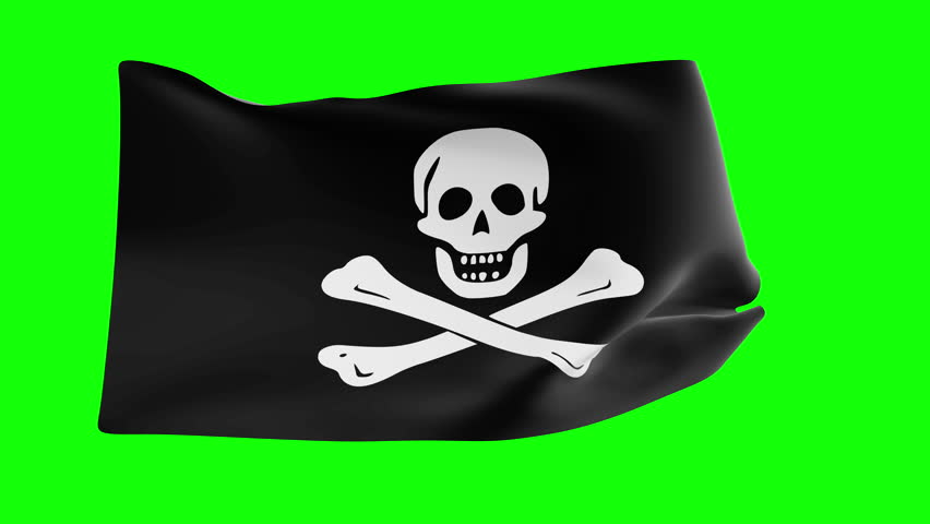 Pirate Jolly Roger Flag waving in the wind (black backgroun + greenscreen + luma matte) 4k 3d rendering