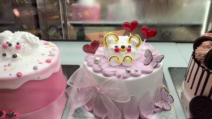 Holiday cakes with on display showcase in a coffee shop, close-up