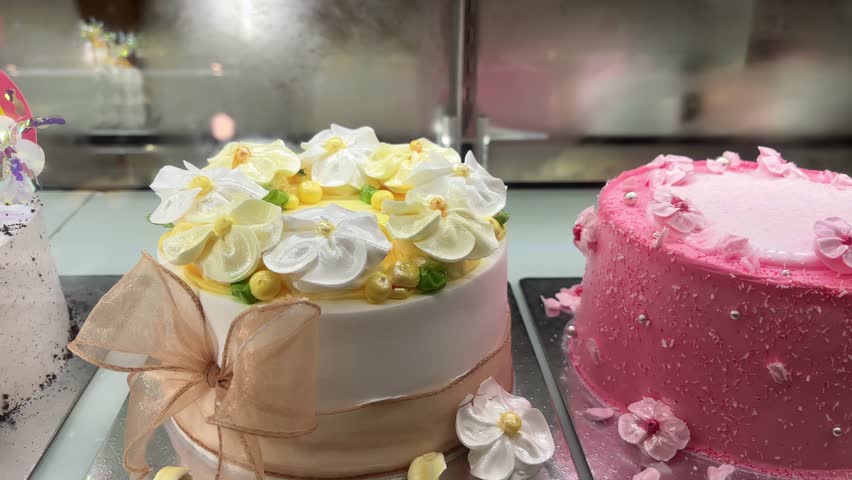 Holiday cakes with on display showcase in a coffee shop, close-up