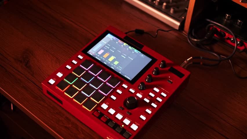 A top-down perspective captures hands playing a red electronic music sampler with glowing pads, showing the musical pattern on its screen under shifting ambient lights.