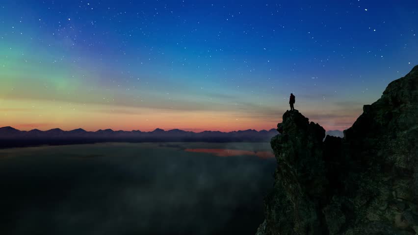 Stunning 3D Rendered Scene: Solo Figure on Mountain Peak with Aurora and Starry Night