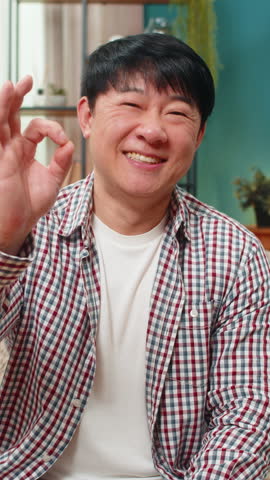 Asian man sitting on home sofa smiles at camera, giving OK hand gesture, positive assurance confirming everything fine. Chinese guy shows approval optimism, encouraging viewer with sign relaxed energy