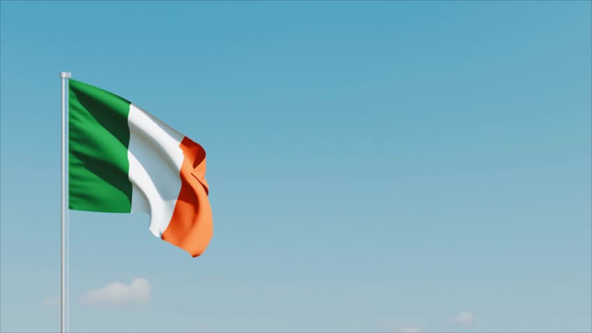 Wavy Ireland Flag and Clear Blue Sky