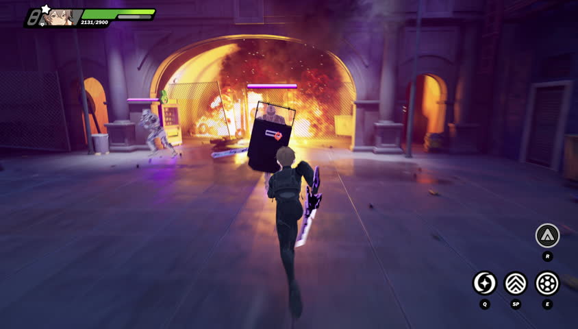 Fake video game clip, the animated fighter strikes back against a towering mech boss in the heart of a glowing sci-fi cityscape. The sunlight cuts through the chaos as a powerful final blow lands.