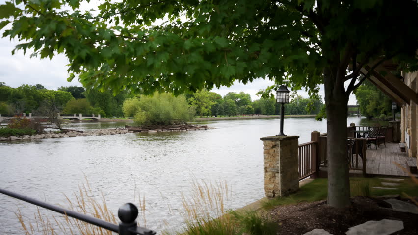 Geneva, Illinois USA, View of Fox River, the riverside near Waterfront Buildings