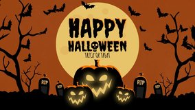 Creepy Halloween 4K animation featuring glowing jack-o’-lanterns, full moon, flying bats, spooky graveyard, eerie trees, and “Happy Halloween Trick or Treat” text, perfect for festive horror themes. - Powered by Shutterstock - Get 15% off with code: PIKWIZARD15