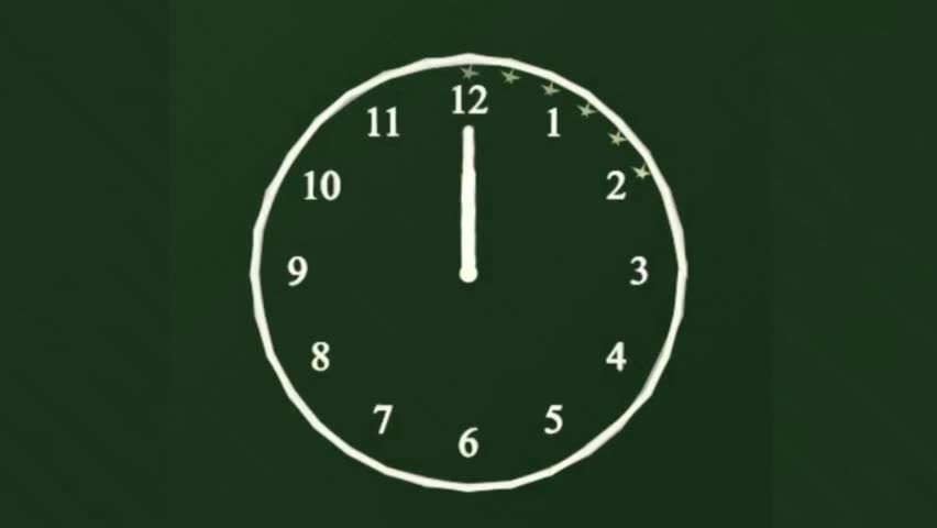 Chalkboard Clock Animation 12 Hour TimeLapse With Hand Drawn Stop Motion Style White Chalk Numbers And Hands Dusty Green Background Eraser Marks Fading Trails And Sketchy Redrawn Effect