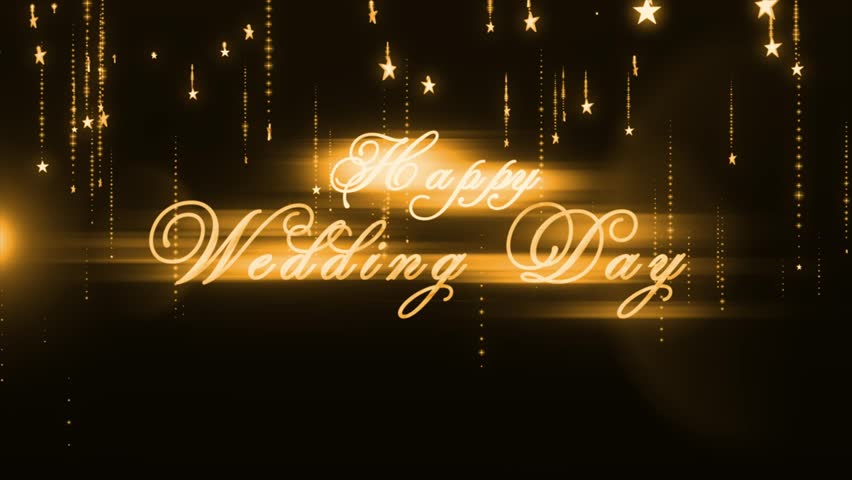 Happy Wedding Day Glowing Text on black background. Particles and Glittering Stars. 14 of February Valentine's Day - Holiday. Love, Emotion, Heart Shape, Relationship.