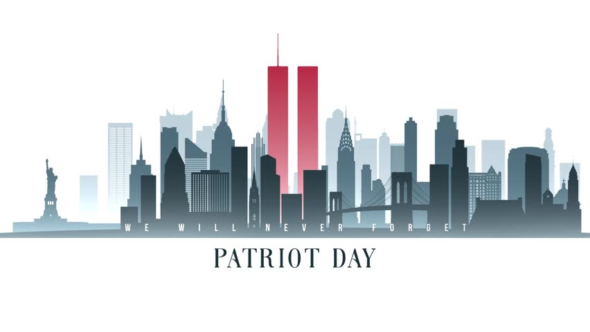 Patriot Day vector animation of New York City skyline with parallax effect and white fog. Features the Twin Towers highlighted in red with "We Will Never Forget" text for September 11th memorial