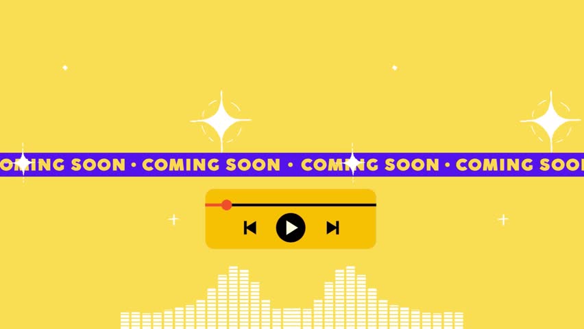 Colorful “Coming Soon” graphic with media controls and sound wave, perfect for video intros, podcast teasers, or content announcements.