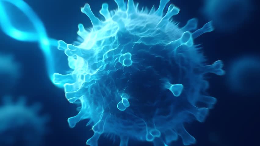 3D animation of virus particle with glowing DNA strands in the background, representing biology, genetics, biotechnology, medical research, healthcare, and scientific innovation. - Powered by Shutterstock - Get 15% off with code: PIKWIZARD15