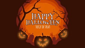 4K Halloween animation with glowing jack-o’-lanterns, eerie graveyard, twisted trees, bats flying, and bold “Happy Halloween Trick or Treat” text against a spooky orange moonlit background. - Powered by Shutterstock - Get 15% off with code: PIKWIZARD15