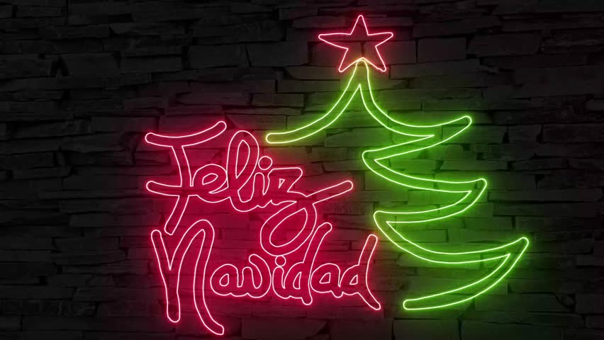 Feliz Navidad (Spanish Merry Xmas) + silhouette of Christmas tree in red and green illuminated 3d illustration retro neon signs on dark brick wall, cute Christmas wishes, sstkChristmas 10s4k video art