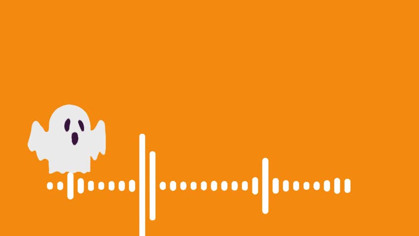 Spooky podcast visual with pumpkin mic, ghost, black cat, and cauldron. Perfect for Halloween-themed audio, video intros, or social media promos.