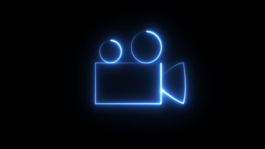 A minimalist, glowing blue neon outline of a vintage film camera against a stark black background. The iconic shape is rendered with clean lines and a vibrant luminescence 