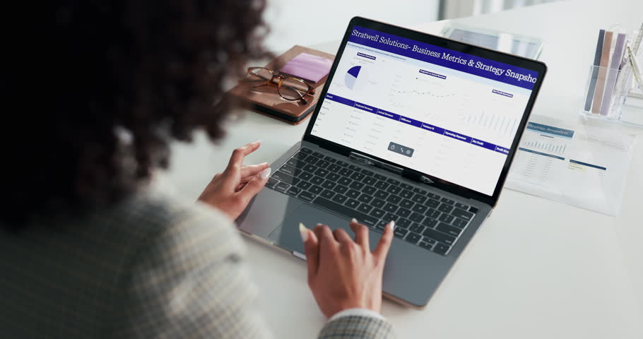 Chart, laptop screen and employee in office, hands and data analysis with metrics report and online. Review, dashboard and person with tech for business performance, info and financial growth on web