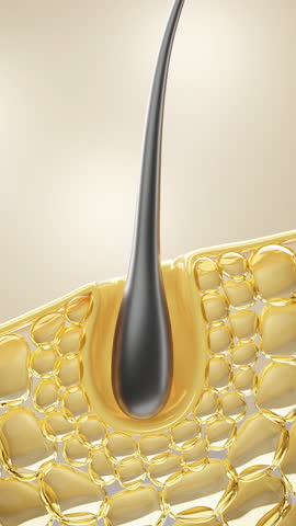 3D animation of a hair follicle absorbing essential oils, representing deep nourishment, hydration, and scalp health for stronger, shinier, and healthier hair.