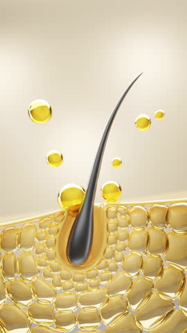 3D animation of a hair follicle absorbing essential oils, representing deep nourishment, hydration, and scalp health for stronger, shinier, and healthier hair.
