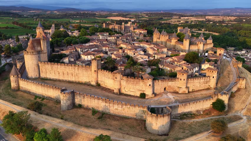 French medieval city of Carcassonne and its fortress at sunrise aerial view, southern France. Carcassonne historic fortress in the golden morning light. High quality 4k footage