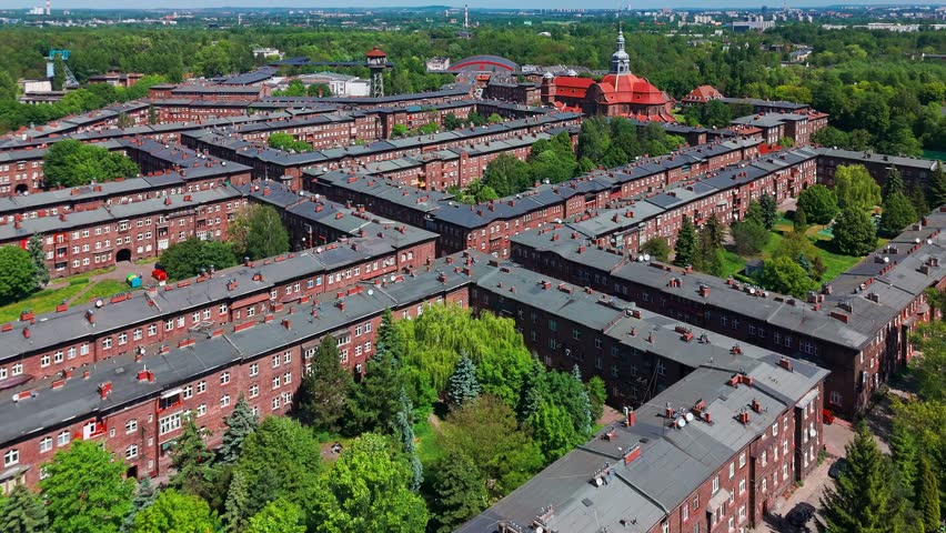Aerial view of the historic Nikiszowiec District in Katowice, Poland. Unique former mining settlement with characteristic red brick buildings. Important example of industrial heritage.