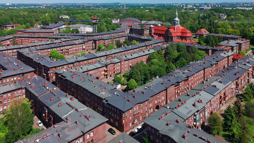 Aerial view of the historic Nikiszowiec District in Katowice, Poland. Unique former mining settlement with characteristic red brick buildings. Important example of industrial heritage.