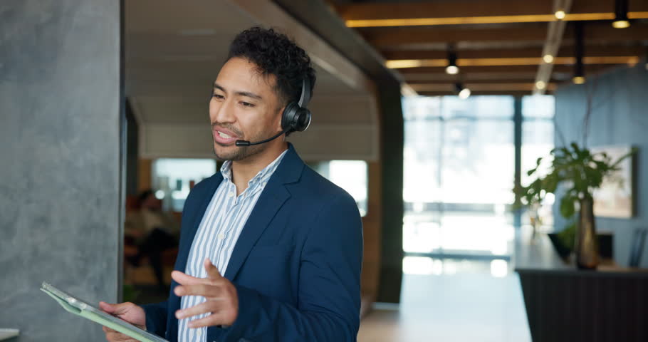 Call center, tablet and business man talking to customer for insurance sales or premium coverage. Telemarketing, contact us or broker consulting in office for claims, advice or explain policy options