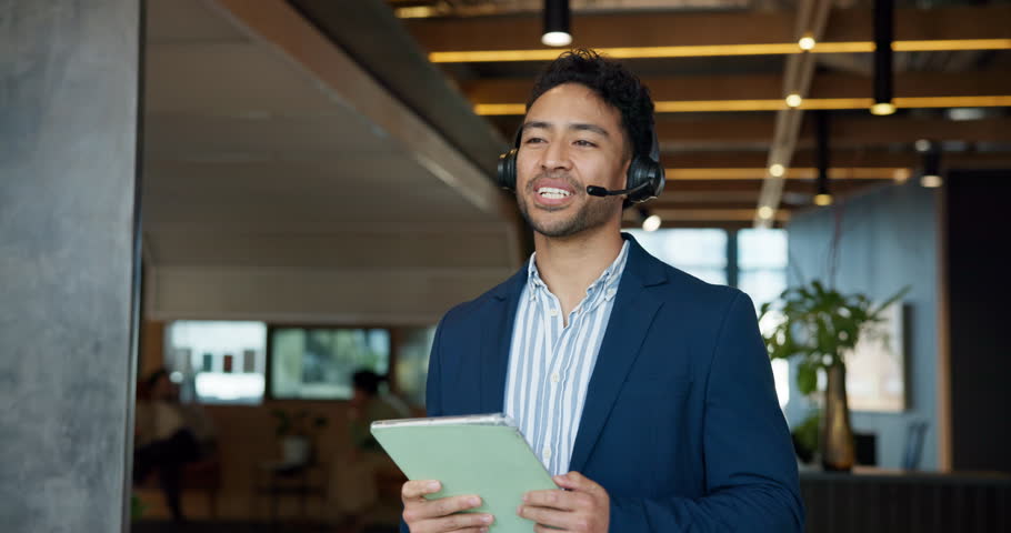 Call center, tablet and man speaking to customer for insurance sales, business or premium coverage. Telemarketing, smile and broker consulting in office for claims, advice or explain policy options