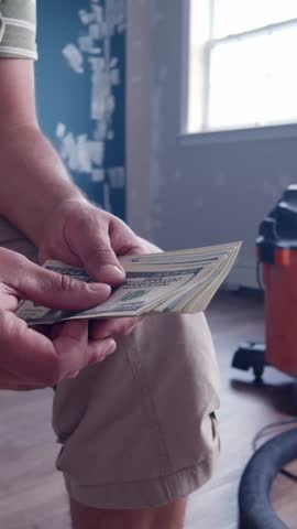 Vertical video, A Powerful Scene Of Cash Counting In A Room Mid-Remodeling, Where Income, Effort And Hard Work Come Together In A Realistic Urban Construction Setup.