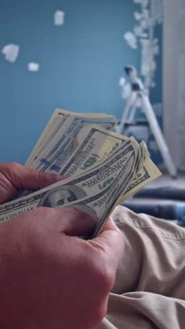 Vertical video. Hands Hold And Flip Through Cash In Room Full Of Moving Supplies, Open Window And Construction Dust, Capturing The Realities Of Labor And Budgeting.
