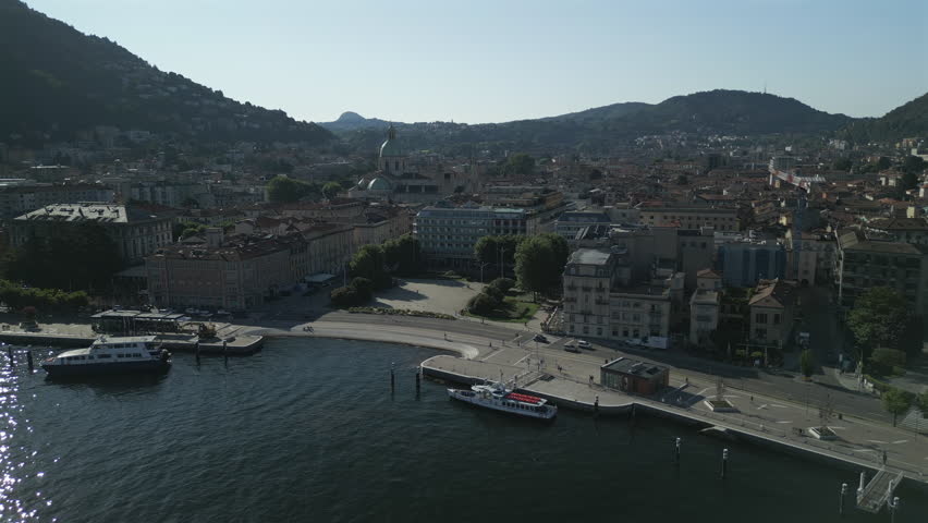 Aerial view of the city of Como and its lakeside, northern Italy.