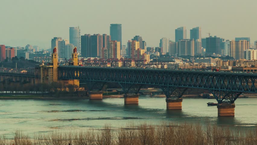 Yangtze River Bridge timelapse view of Nanjing city in Jiangsu, China