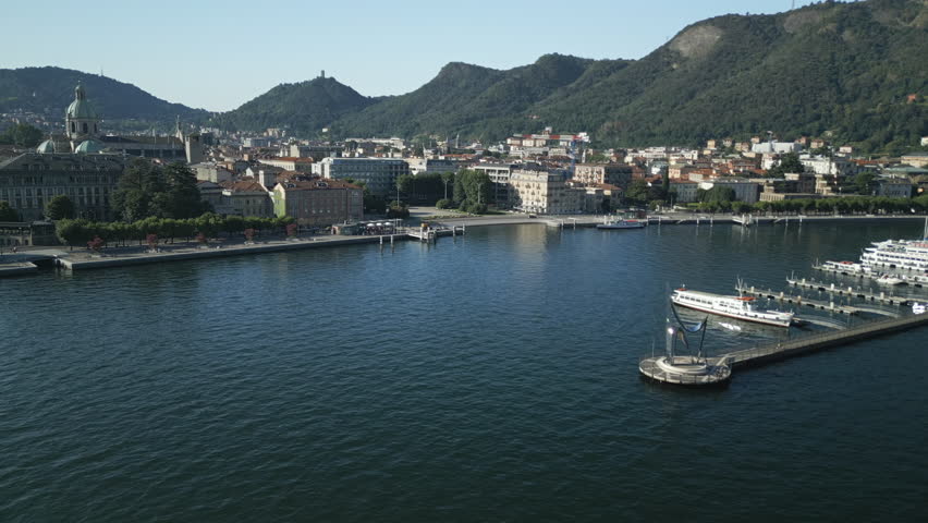 Aerial view of the city of Como and its lakeside, northern Italy.