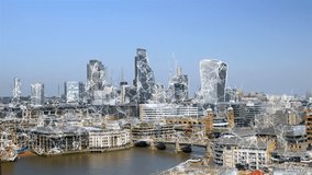 Interconnected City of London.
High angle view of the City of London skyline with iconic skyscrapers and financial district landmarks enhanced by a digital network overlay. - Powered by Shutterstock - Get 15% off with code: PIKWIZARD15