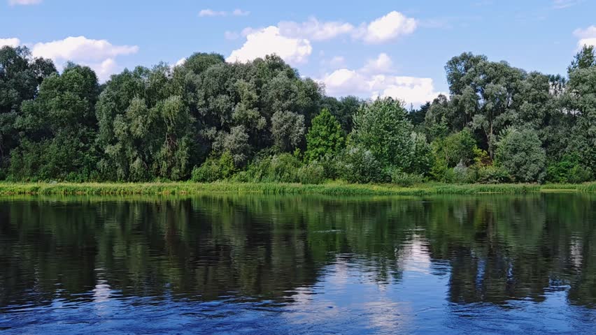 Beautiful landscape lake, forest, river and trees in summer. Sunny summer day on river. White clouds are reflected in water.
