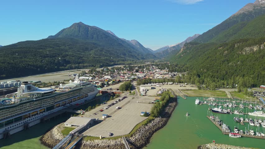 Aerial video of Skagway, Alaska, USA. July 21, 2025.