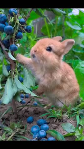 Cute Bunny Eating Blue Berries in Garden