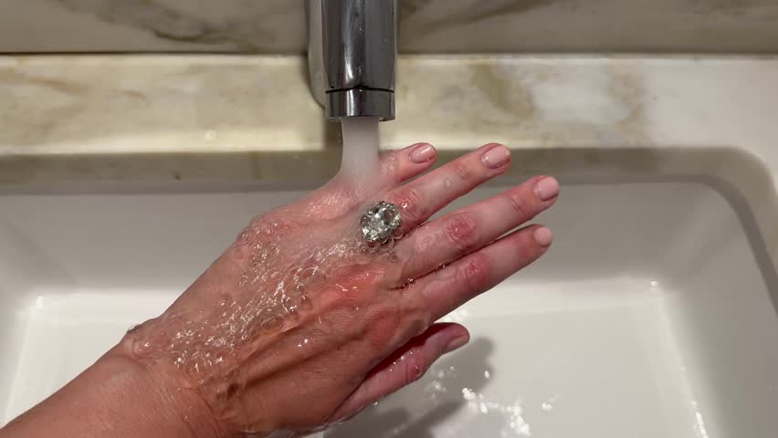 A cinematic landscape video of engagement ring with oval diamond and wedding band as water flows over the hand highlighting love and elegance.