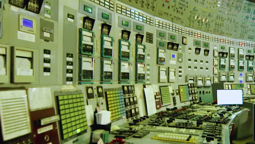 Control dashboard station with flash buttons, thermal generator equipment, and atomic power facility, symbolizing electricity production, energy industry, and modern technology.